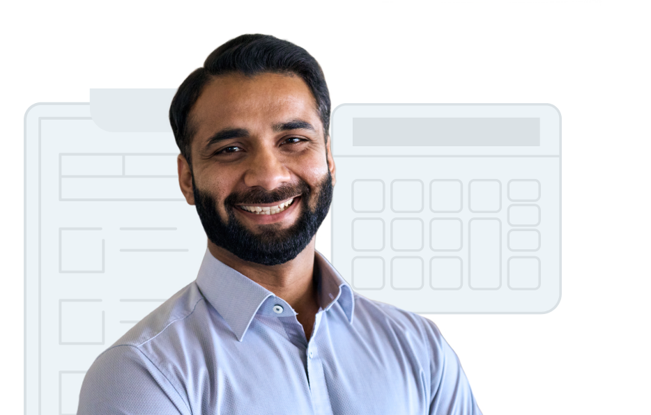Smiling man in a light-colored shirt, standing in front of illustrations of a clipboard and a calculator